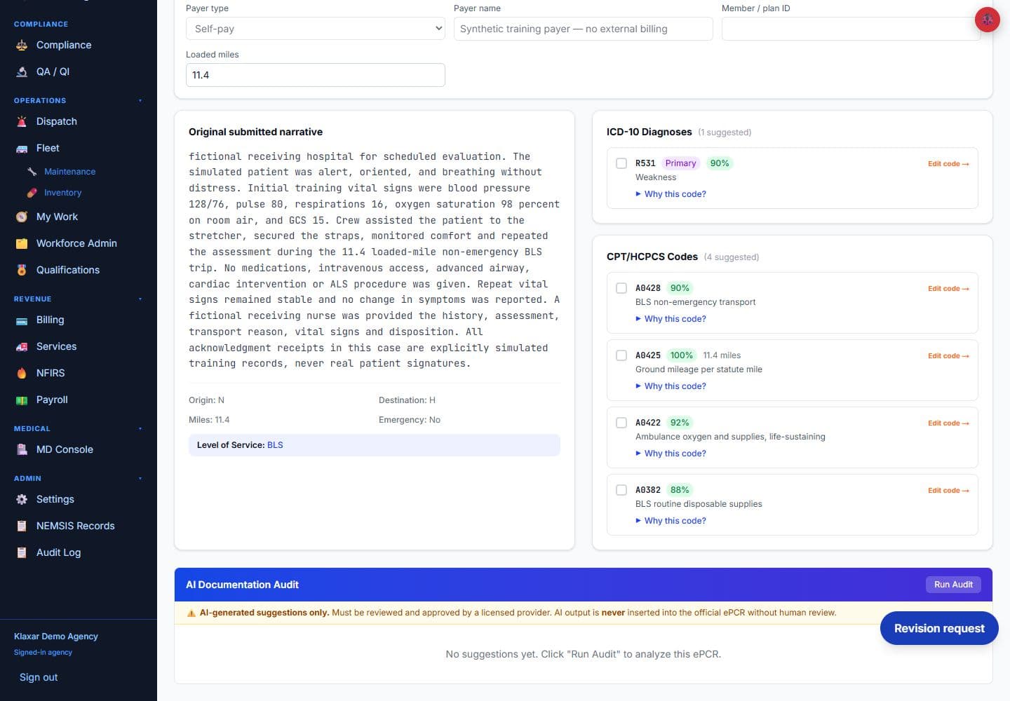 Actual ICD-10 and HCPCS suggestion panels from a synthetic demonstration report.