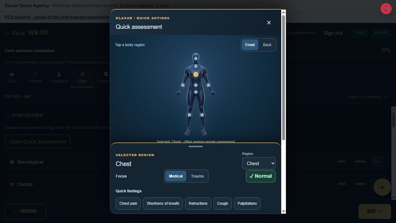 Actual Klaxar quick assessment with a front body map, region selection and reviewable findings. No findings were added to a report during capture.