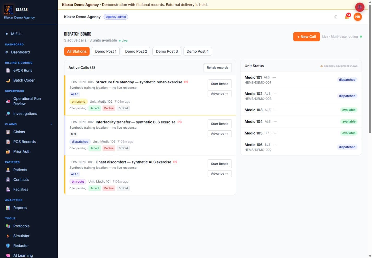 Actual dispatch workspace showing fictional incidents and synthetic demo units.