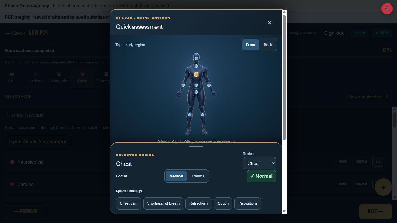 Actual Klaxar quick assessment with a front body map, region selection and reviewable findings. No findings were added to a report during capture.