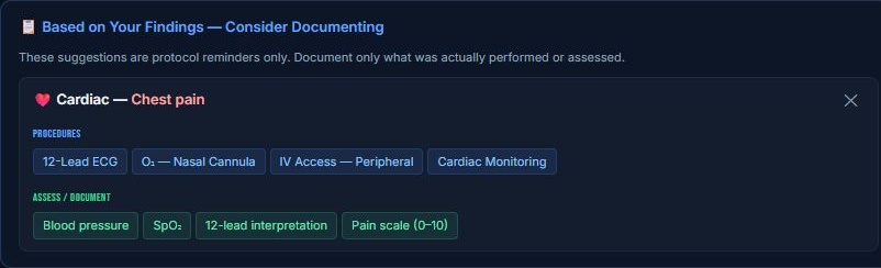 Actual in-progress Care panel after selecting a fictional chest-pain finding: procedure reminders, assessment prompts and a dismiss control. Captured using the ALS-certified demo profile; no suggested care was recorded.