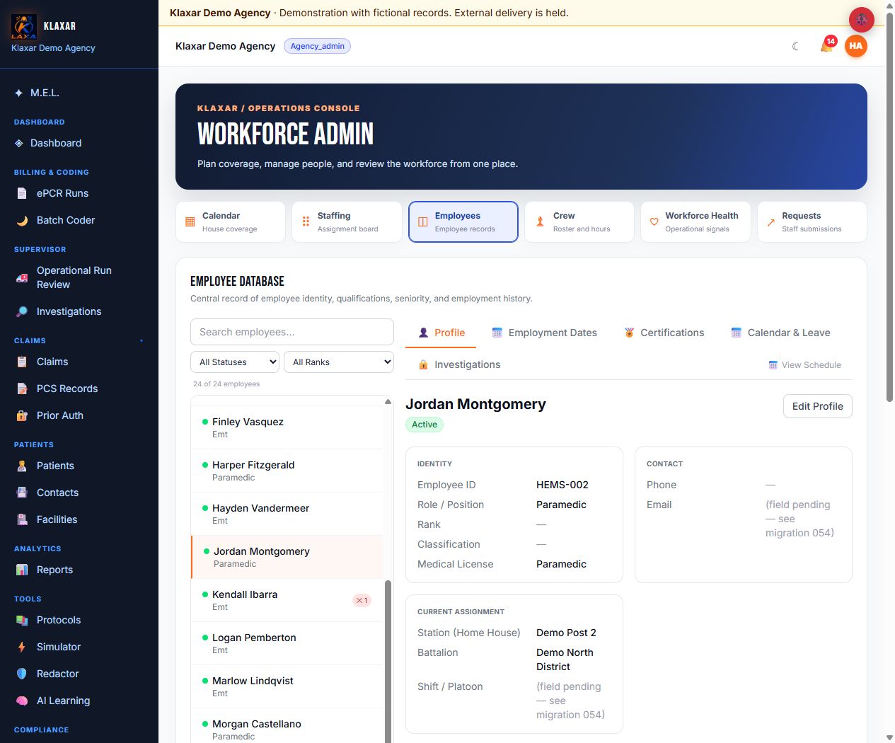 Actual employee profile and personnel tabs in Klaxar Demo Agency, with fictional personnel.